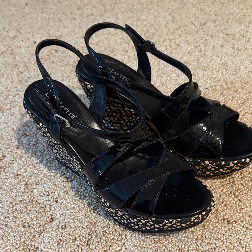 Eric Javits Glossy Black Wedge Sandals